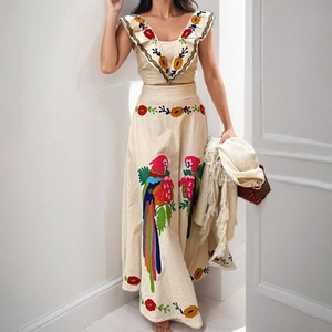 Boho floral embroidery crop top and high waist maxi skirt two-piece set in beige