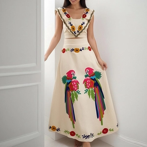 Chic two-piece set with V-neck floral embroidered top and high-waist maxi skirt