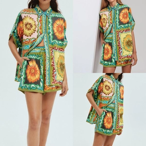 Women Casual Sunflower Baroque Print Short Sleeve Lapel Shirt And Shorts Summer Holiday Top And Bottom