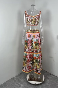 Mediterranean style floral print two-piece cropped top and high-waist maxi skirt set
