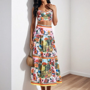 Floral print two-piece summer set with crop camisole top and high-waist tiered maxi skirt