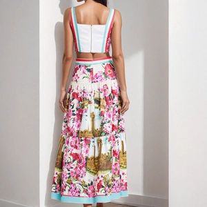 Floral print high waist maxi skirt and white cropped top set with open back detail