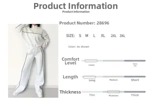 Detailed size chart and fabric attributes for white zip-up hoodie and wide-leg trousers set