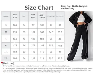 Size chart for women's striped tracksuit including chest, waist, and length in CM