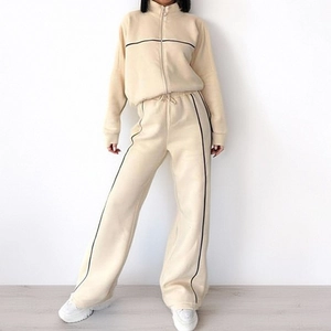 Women's two-piece beige leisure tracksuit with zip-up sweatshirt and wide-leg joggers
