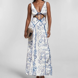 Sexy Damen Kleid Mit Taillenausschnitt Und Druck V-Ausschnitt Ärmellos Schnürung Sommer Resort Böhmisches Maxi-Trägerkleid