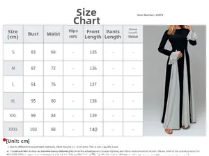 Detailed size chart for elegant color block maxi dress ranging from size S to XXXL