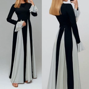 Elegant contrast color long sleeve dress with ruffle cuffs and pleated hem for women