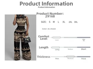 Detail of black and gold geometric print jumpsuit with elegant sleeveless crew neck