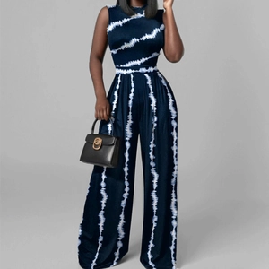 Women Casual Sleeveless Wide Leg Jumpsuit Printed High Waist Long Pants Romper Elegant Floral Stripe Fashion Vacation Outfit