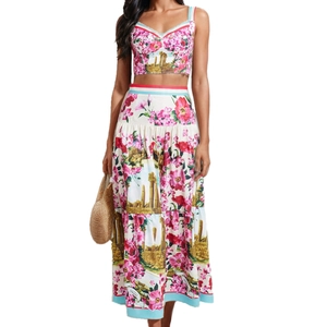 Floral and classical ruins print crop top and maxi skirt set for women Mediterranean style