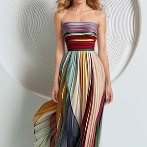 Robe longue bustier sexy avec rayures arc-en-ciel colorées et jupe plissée fluide