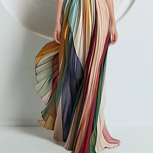 Robe longue bustier élégante avec rayures colorées plissées métallisées pour femmes