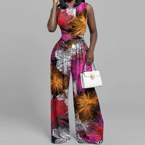 Full view of women's sleeveless wide-leg jumpsuit with vibrant abstract floral print