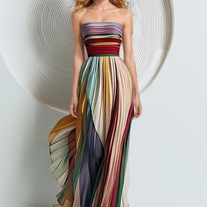 Robe longue bustier pour femme avec design plissé coloré et blocs de couleurs
