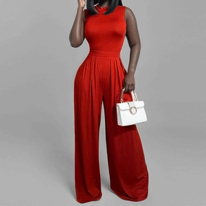 Sleeveless red wide-leg jumpsuit with high neck and cinched waist for women