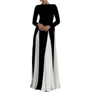 Elegant round neck color-block maxi dress with long sleeves and pleated waist design