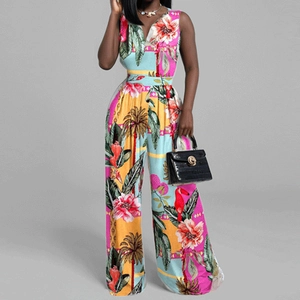 Women's sleeveless V-neck jumpsuit with tropical palm and floral print in wide leg fit