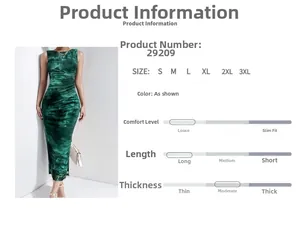 Size chart for a sleeveless bodycon maxi dress with dark green marble print detail