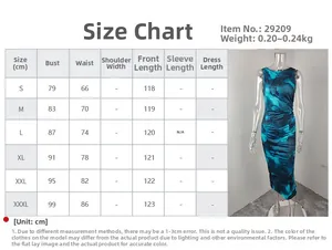 Size guide for sleeveless abstract print dress showing bust and length measurements