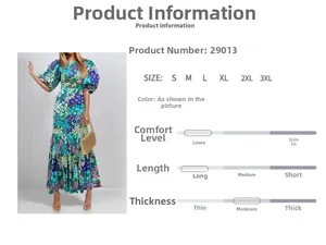 Detail view of floral print dress features with size guide and fabric specifications
