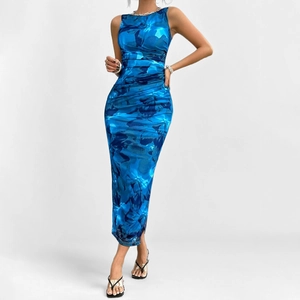 Women Sexy Sleeveless Ruched Maxi Dress Marbled Print Slim Fit Slit Party Club Bodycon Dress