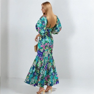 Elegant floral print maxi dress with puff sleeves and mermaid ruffle hem for women