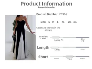 Size chart for black and white backless evening dress with comfort and thickness guide