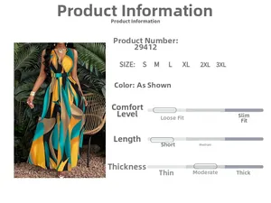 Detail view of V-neck sleeveless maxi dress with vibrant geometric prints and sizing chart