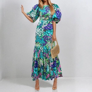 Floral print maxi dress with puff sleeves and layered tiered skirt for women