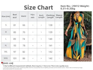 Detailed size chart for elegant V-neck sleeveless floral maxi dress with S-3XL measurements