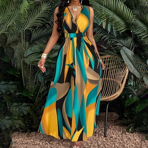 Elegant V-neck sleeveless maxi dress with bold abstract prints for a summer resort look
