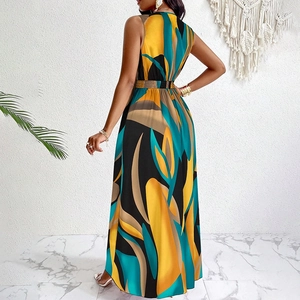 Elegant back view of sleeveless V-neck maxi dress with tropical leaf print for women