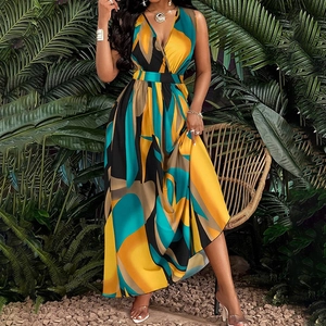 Elegant sleeveless V-neck maxi dress with bold abstract prints for summer vacation