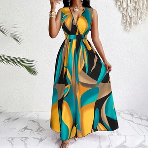 Detail of elegant V-neck sleeveless maxi dress with abstract blue and yellow floral prints