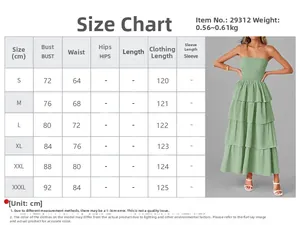 Detailed size chart for strapless tiered maxi dress showing S to 3XL measurements