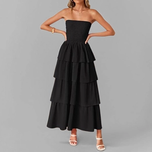 Elegant black strapless tiered maxi dress with ruched bodice and layered ruffle skirt