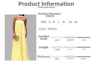 Size chart and specifications for the elegant yellow strapless long evening dress