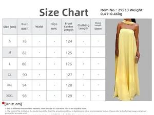Detailed size chart for elegant strapless yellow maxi dress with measurements S to 3XL