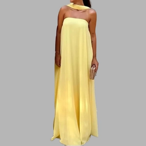 Elegant strapless light yellow evening gown with matching neck scarf and A-line silhouette