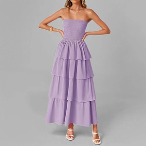 Lavender tiered ruffle strapless maxi dress with a smocked bodice for summer fashion