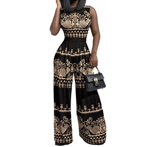 Ethnic print sleeveless jumpsuit with high waist wide leg pants and geometric bird pattern