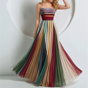 Robe Maxi Plissée Bustier Sexy Pour Femmes Arc-En-Ciel Rayée Dégradée Sans Bretelles Taille Haute Robe De Fête Club