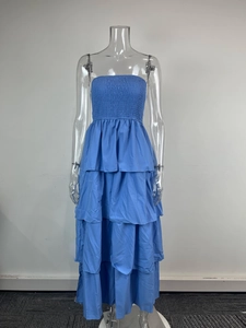 Detail view of light blue smocked tube tiered dress with elastic bodice and layered skirt
