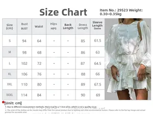 Size guide for white ruffle sleeve dress showing measurements from S to XXXL with length details