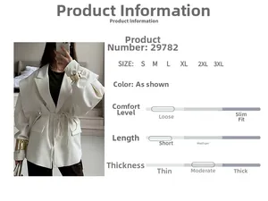 Detail view of white belted blazer with golden cuff accents and silhouette parameters