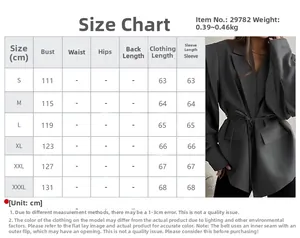 Detailed size chart for elegant belted blazer jacket with S to 3XL measurements in CM