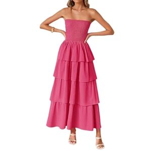 Deep pink strapless tiered maxi dress with ruched bodice and four-layer cake skirt design