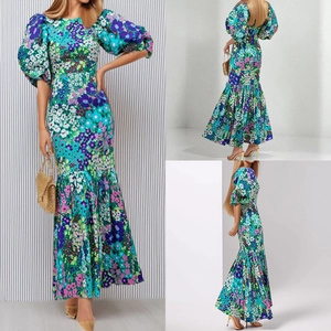 Elegant Floral Print Puff Sleeve Fishtail Maxi Dress For Women Vintage Slim Fit Holiday Party Summer Long Bodycon Dress