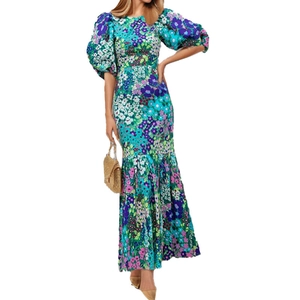 Elegant floral print maxi dress with puff sleeves and mermaid ruffle hem for women